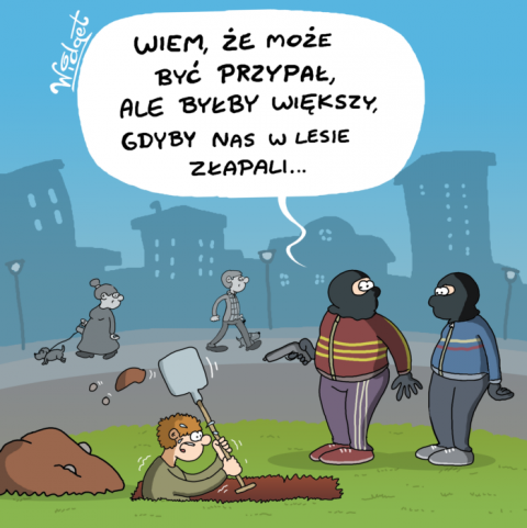 przypał, miasto, las, satyra, czarny humor, humor, zostańwdomu, galeriawidgeta widget, rysunek satyryczny
