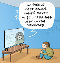 Liczba parzysta, 666, piekło, diabeł, ogień, tvp, telewizja publiczna, lekcje, nauka, matematyka, szkoła, satyra, humor, rysunek satyryczny, galeriawidgeta, widget