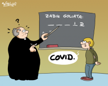 Dawid, covid, ksiądz, religia, lekcja, zaraza,, humor, czarny humor, satyra, rysunek satyryczny, widget, galeriawidgeta