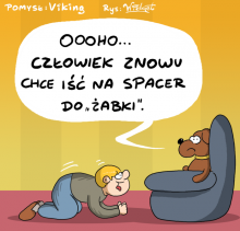 pies, człowiek, kwarantanna, satyra, humor, widget, rysunek satyryczny, galeriawidgeta, żabka